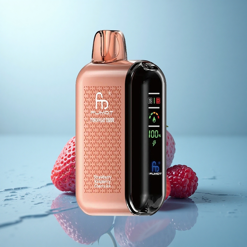 Fumot Tornado 20000 Puffs תות פטל דובדבן קרח עם סוללה נטענת 850mAh וכוח ניקוטין 2%