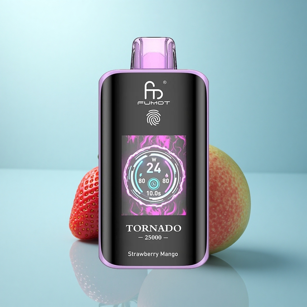 Fumot Tornado 25000 Puffs תות מנגו עם סוללה נטענת 700mAh ומסך HD